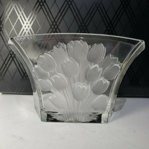 Barolac Bowl Vase 24% lead crystal Frosted Tulips Art Glass Bohemian Czech vint